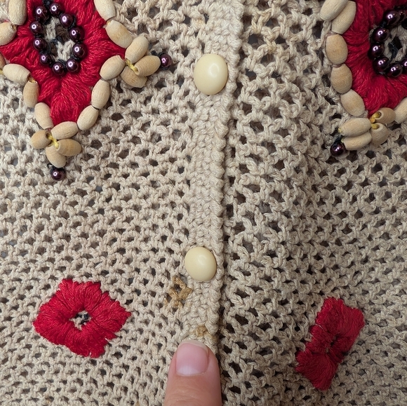 Vintage Medium Beaded Macrame Tan Beige Button Front V-neck Women's Vest *FLAWS - Picture 4 of 12